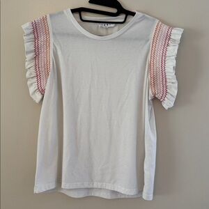 THML White Smocked Flutter Sleeve T-Shirt with Contrast Embroidery Size Large